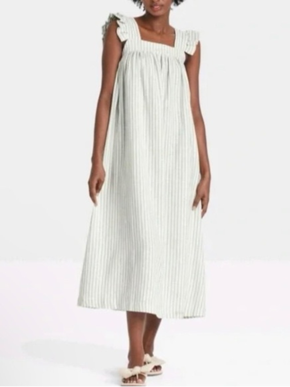 A New Day Linen Blend Striped Midi Maxi Dress Sage Green and White Size Medium